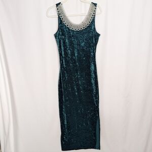 All that Jazz Teal Velvet Maxi Dress with Crochet Collar